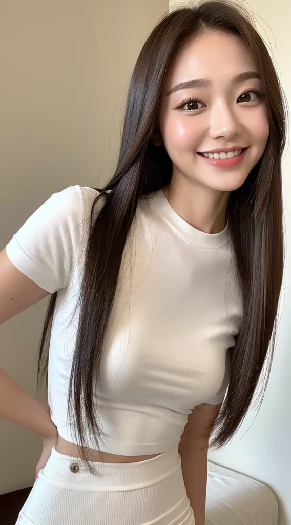 White tight skinny shirt、White tight skinny mini skirt、bed、smile、Short sleeve、high resolution、double eyelid、White teeth、Long Hair A well-proportioned Japanese face Thin eyebrows Brown Hair
