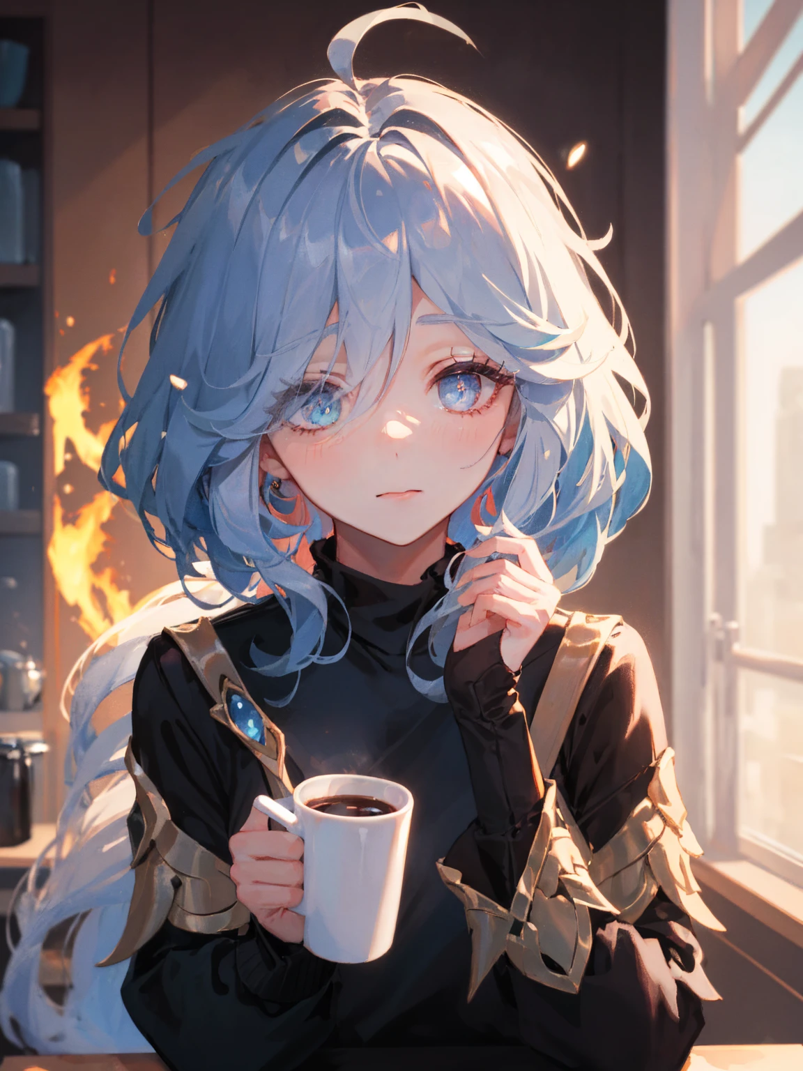 closeup, portrait, LeannaDecker, ((wearing sweater)), inside, portrait, kitchen, holding coffee mug, winter fire, eyes open, best quality, upper body, by lee jeffries nikon d850 film stock photograph 4 kodak 400 camera f1.6 lens rich colors hyper realistic lifelike texture natural lighting unreal engine trending on artstation cinestill 800, (100mm lens), long hair, red hair, ultra detailed eyes, detailed iris, sparkle eyes, (multicolored eyes), (heterochromia), (messy hair:1.3), (red hair:1.3), (long ponytail), (hair over one eye:1.3), (wavy hair:1.1),