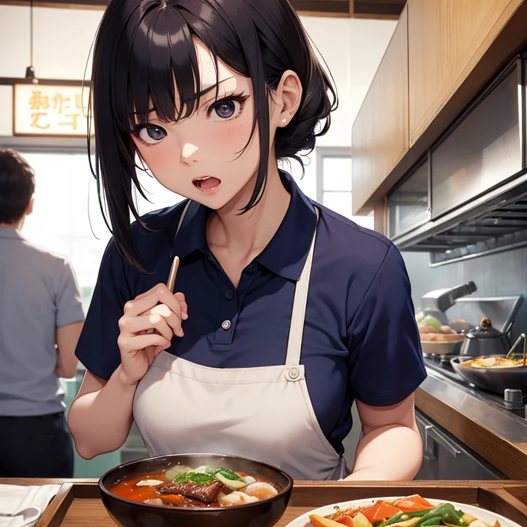 (Best picture quality, Masterpiece:1.3, Super Hi-Res), Japanese woman, 25 years old, serious expression, intensely angry, shouting, inside a beef bowl restaurant, wearing navy blue polo shirt, striped apron, uniform,