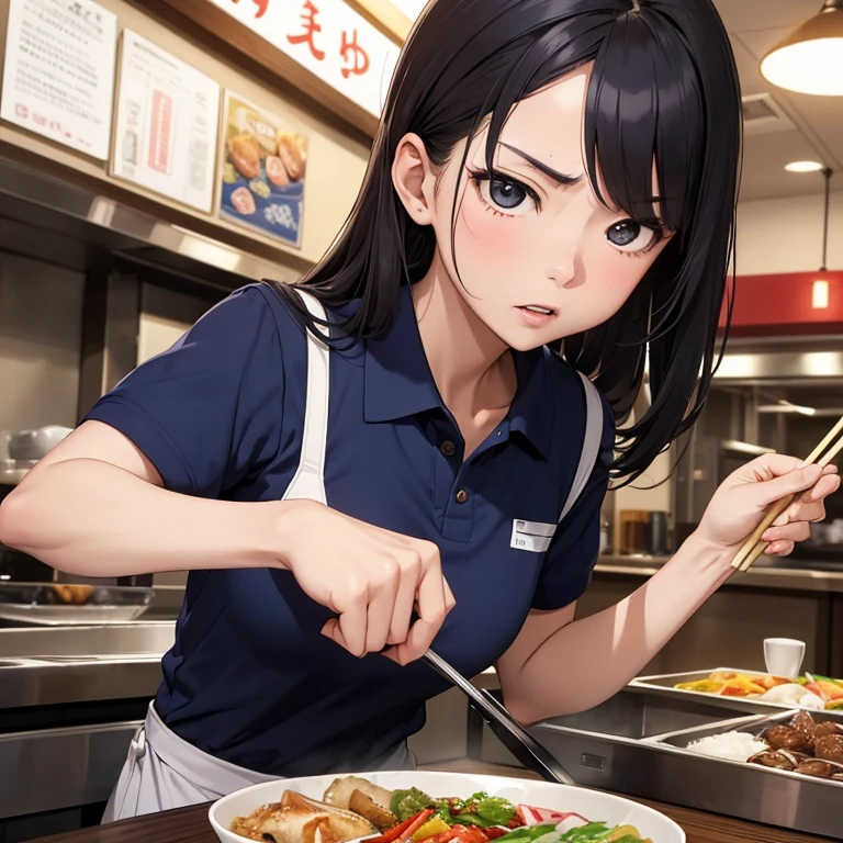 (Best picture quality, Masterpiece:1.3, Super Hi-Res), Japanese woman, 25 years old, serious expression, intensely angry, shouting, inside a beef bowl restaurant, wearing navy blue polo shirt, striped apron, uniform,