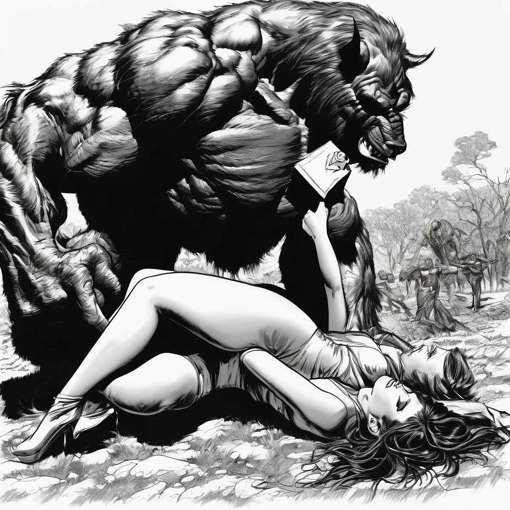 Scarlett Johansson as a collared submissive slavegirl pleasuring her Master, a large muscular beast, outdoors, art style comic book, art style bernie wrightson, art style fine art
