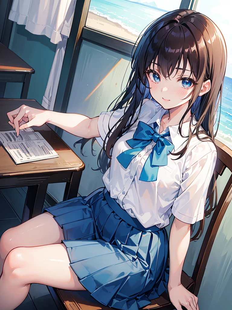 master piece, extremely detailed, high resolution,Makoto Shinkai style、high school girl、1 girl、Short-sleeved shirt、Blue bow tie、Glossy, plump lips、Shiny Hair、Brown Hair、Long Straight Hair、Mid-chest、Narrow waist、Checkered mini skirt、Park with an ocean view、Sitting in a chair、is smiling happily、