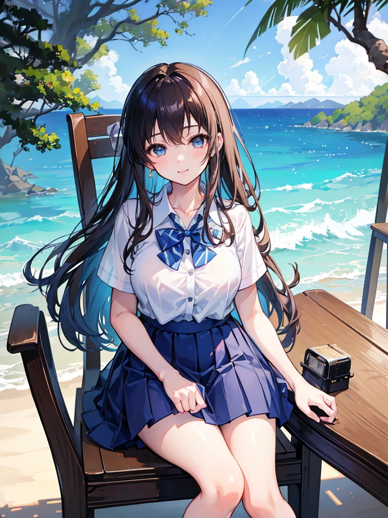 master piece, extremely detailed, high resolution,Makoto Shinkai style、high school girl、1 girl、Short-sleeved shirt、Blue bow tie、Glossy, plump lips、Shiny Hair、Brown Hair、Long Straight Hair、Mid-chest、Narrow waist、Checkered mini skirt、Park with an ocean view、Sitting in a chair、is smiling happily、