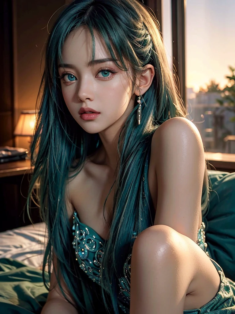female idol、Full body esbian、smiling face、Lipgloss、very large necklace (turquoise blue and light green)、Very large earrings (turquoise blue and light green)、shiny latex tight mini dress(turquoise blue and light yellow)、colorful hair (turquoise blue and light yellow)、conceptual art, high quality, realist, Extremely detailed 8k unified CG wallpaper, Very detailed, High definition raw color photographs, professional photography, realist portrait, cinematic light, Beautiful detailed, super detail, High details, (((bokeh))), Depth of fields, lightning, Neon Street, Super stylish lighting、