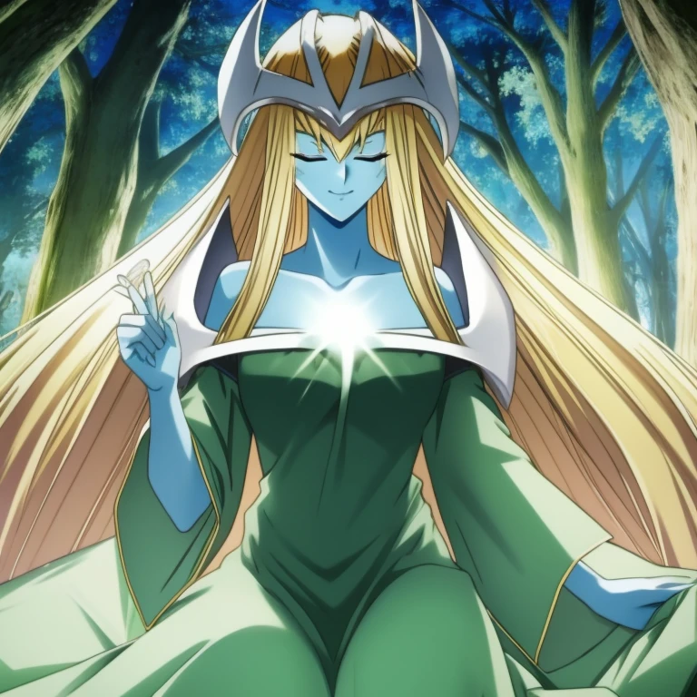 mysticalygo, mystical elf, smile, eyes closed, green dress, long skirt, blue skin, blonde hair, long hair, forest, Yugioh, overly long sleeves