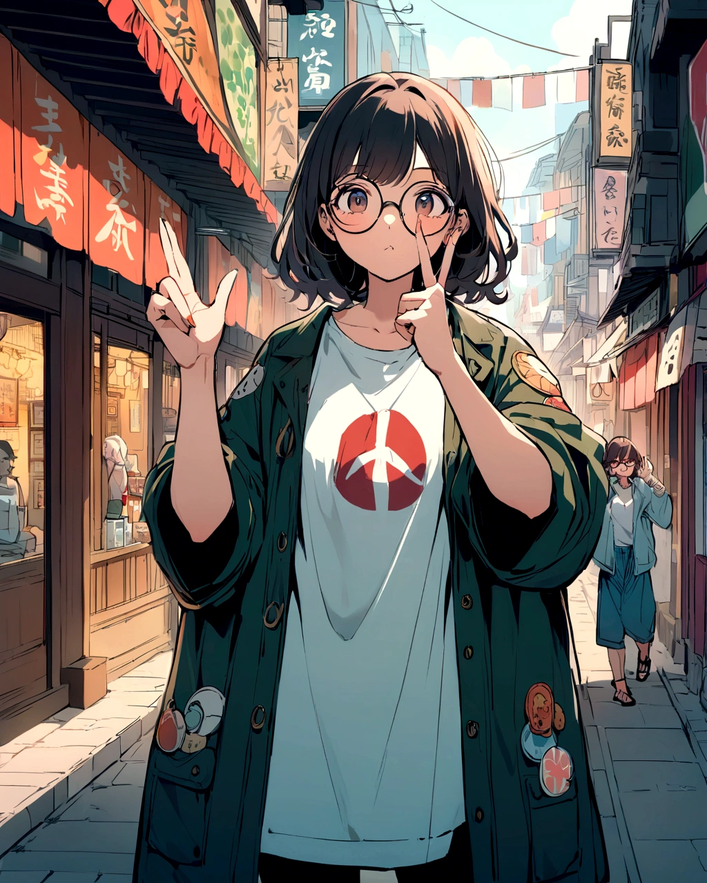 Create an anime-style illustration of a boy standing in a vibrant, bustling urban street. She has long, dark hair and wears round glasses. Her outfit includes a oversized jacket with various patches and a casual t-shirt underneath. The woman is holding up a peace sign with her right hand and has a calm, slightly neutral expression. The background should depict a lively street scene with various signs in Japanese, colorful storefronts, and a generally busy atmosphere. Ensure the colors are vivid and the overall mood of the scene is energetic and lively.