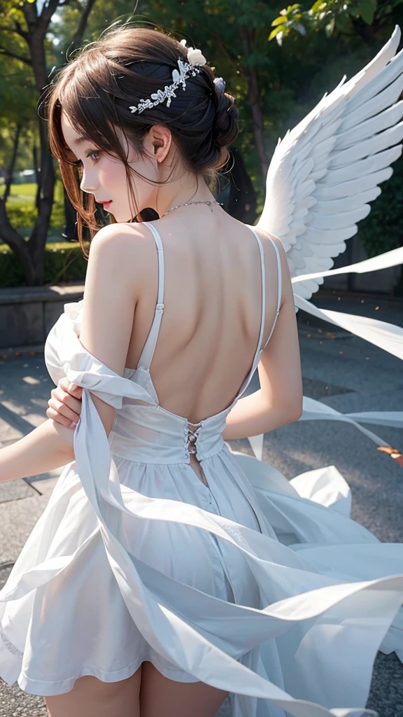 Angel girl with her back turned。Wearing a white dress。She has big wings。Fleeting Image。I'm running。This is heaven。