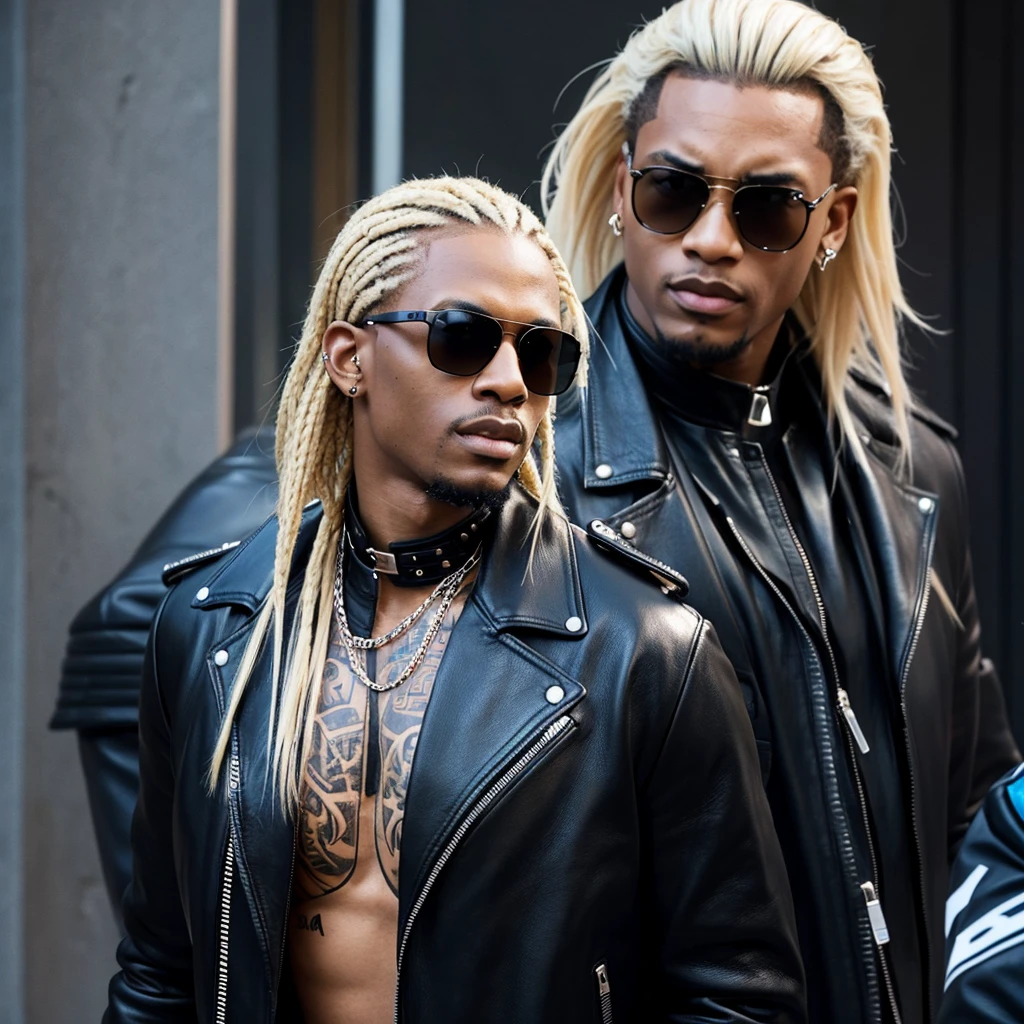 A black man with a crew cut, wearing sunglasses, standing at 190 cm tall and weighing 85 kg, dressed in a black leather coat, with a titanium blade strapped to his back, sporting facial tattoos and blond hair.