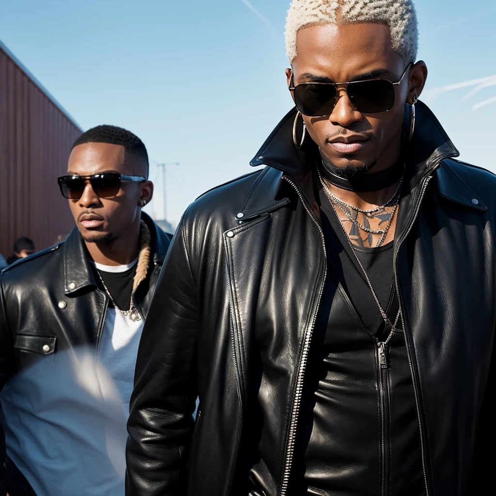 A black man with a crew cut, wearing sunglasses, standing at 190 cm tall and weighing 85 kg, dressed in a black leather coat, with a titanium blade strapped to his back, sporting facial tattoos and blond hair.