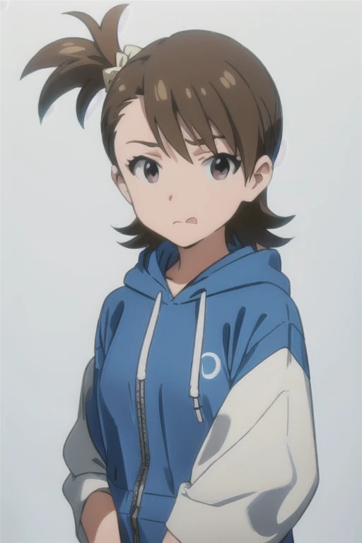 (((pixel-perfect, detail-perfect))), solo, 1girl, ami futami, hood, blue hoodie, black shoes, empty eyes, looking at viewer, mad expression, out tongue, simple background, blue background, upper body