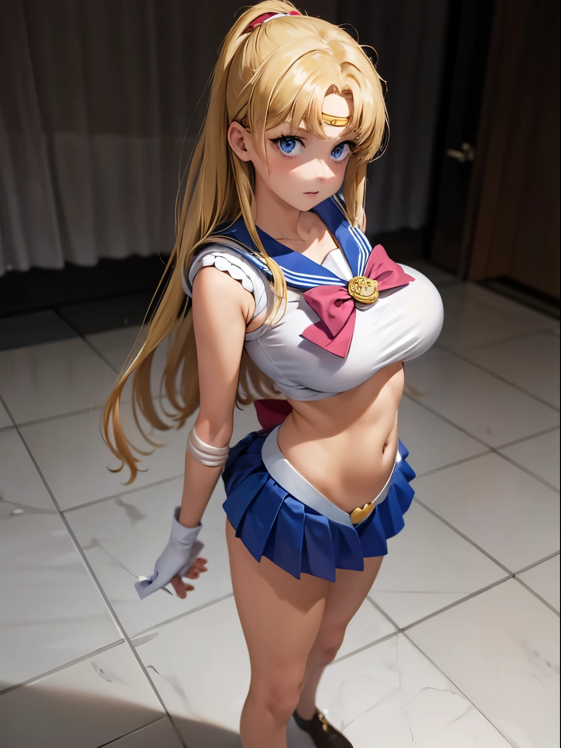 Sailor Moon, 1 girl, blonde hair, long hair, blue eyes, detailed eyes, simple background, female focus, alone, standing, Usagi Tsukino, portrait, full body, (Masterpiece:1.0), (best quality:1.0), (8k wallpaper:1.0), (detailed beautiful face:1.0), (detailed deep eyes), deep eyes, looking at viewer, sailor explorer, red bow on chest, blue skirt, white gloves, big breasts, bare abdomen , pink panties, upskirt panties,