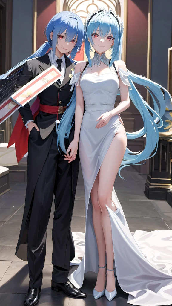 masterpiece, best quality, highres, rimuru tempest, blue hair, RED EYES, long hair, medium breasts, an adult girl, She has two pigtails falling over her shoulders, decorated with a very elegant and very long black dress for a gala dinner with a cut that allows her to show her leg, wears beautiful evening makeup, smiling, full body image,