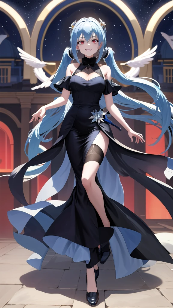 masterpiece, best quality, highres, rimuru tempest, blue hair, RED EYES, long hair, medium breasts, an adult girl, She has two pigtails falling over her shoulders, decorated with a very elegant and very long black dress for a gala dinner with a cut that allows her to show her leg, wears beautiful evening makeup, smiling, full body image,