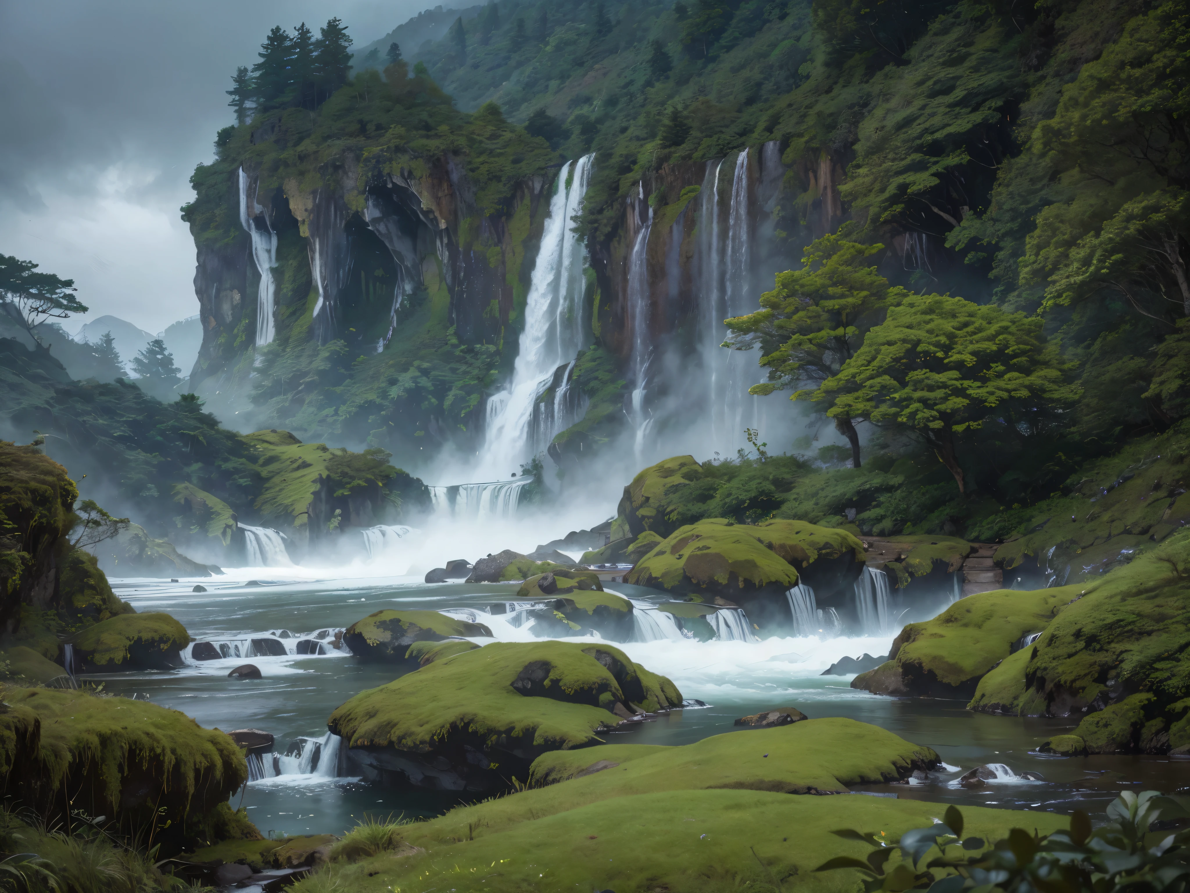 a breathtaking waterfall cascading down a majestic mountain range, lush green foliage surrounding the scene, serene and tranquil atmosphere, dramatic lighting, photorealistic, 8k, hyperdetailed, cinematic composition, stunning natural beauty, moody color palette, dramatic shadows and highlights, atmospheric fog, powerful rushing water, mossy rocks, detailed textures, award-winning landscape photography