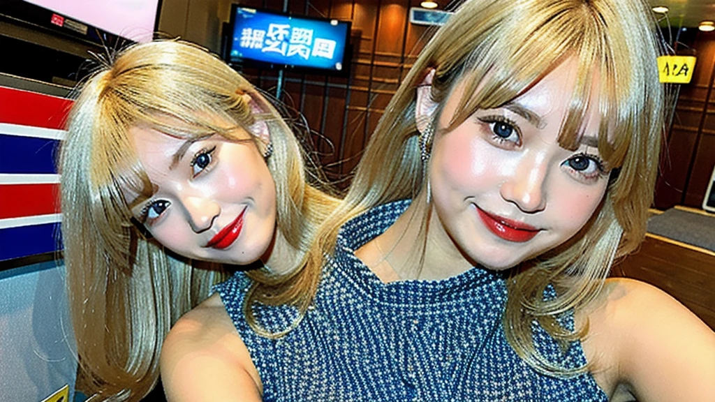 best quality, masterpiece, highres, (detailed:1.4), (1 girl), blonde hair, (tanned skin:1.5), extremally thin eyebrows , gyaru,thick bluish eyeshadow, thick black eyeliner, Highlighted eyes with eyeliner, false eyelashes,congident smile,enjoy,look at viewer,japanese city,standing,gyaru,big breasts,ブレザー,チェックのミニスカート、白いブラウス
