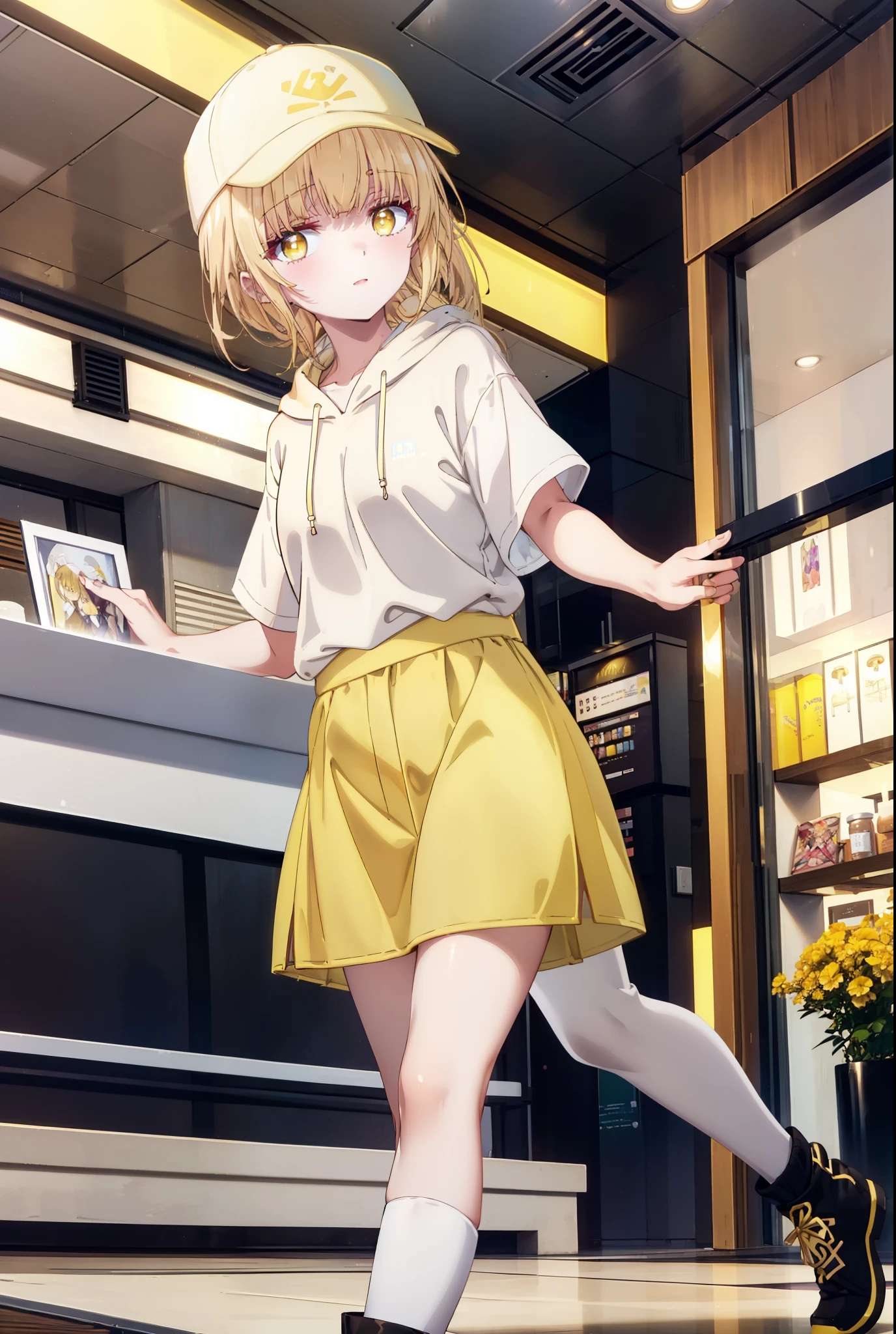 mahirushiina, Mahiru Shiina, bangs, Blonde, Brown Hair, (Yellow Eyes:1.3), smile,Open your mouth,Baseball cap,Oversized yellow hoodie,Short sleeve,mini skirt,black tights,short boots,Walking,Clear skies,Daytime,
break indoors,Shopping mall,
break looking at viewer, whole body,
break (masterpiece:1.2), Highest quality, High resolution, unity 8k wallpaper, (shape:0.8), (Fine and beautiful eyes:1.6), Highly detailed face, Perfect lighting, Highly detailed CG, (Perfect hands, Perfect Anatomy),