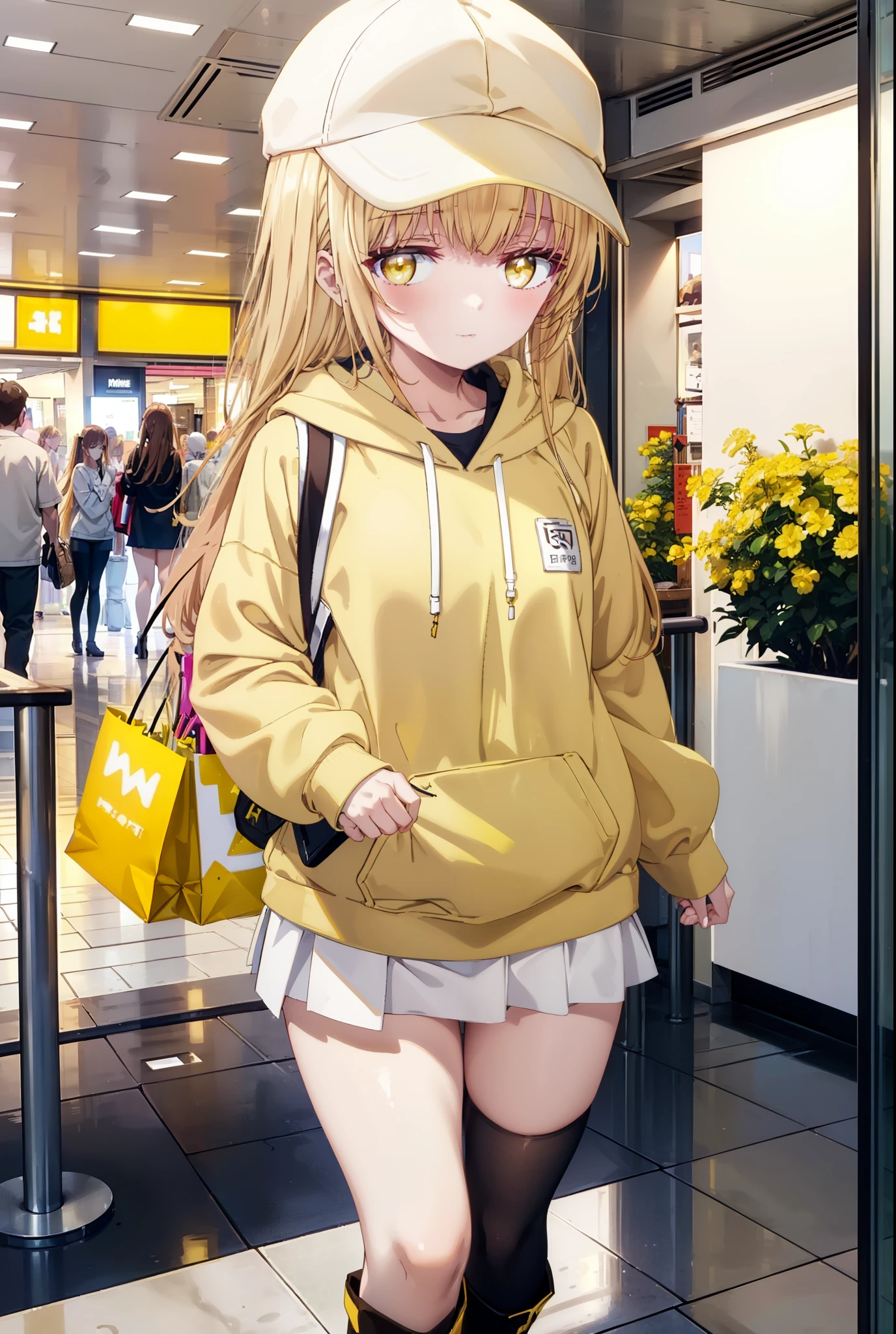 mahirushiina, Mahiru Shiina, bangs, Blonde, Brown Hair, (Yellow Eyes:1.3), smile,Open your mouth,Baseball cap,Oversized yellow hoodie,Short sleeve,mini skirt,black tights,short boots,Walking,Clear skies,Daytime,
break indoors,Shopping mall,
break looking at viewer, whole body,
break (masterpiece:1.2), Highest quality, High resolution, unity 8k wallpaper, (shape:0.8), (Fine and beautiful eyes:1.6), Highly detailed face, Perfect lighting, Highly detailed CG, (Perfect hands, Perfect Anatomy),