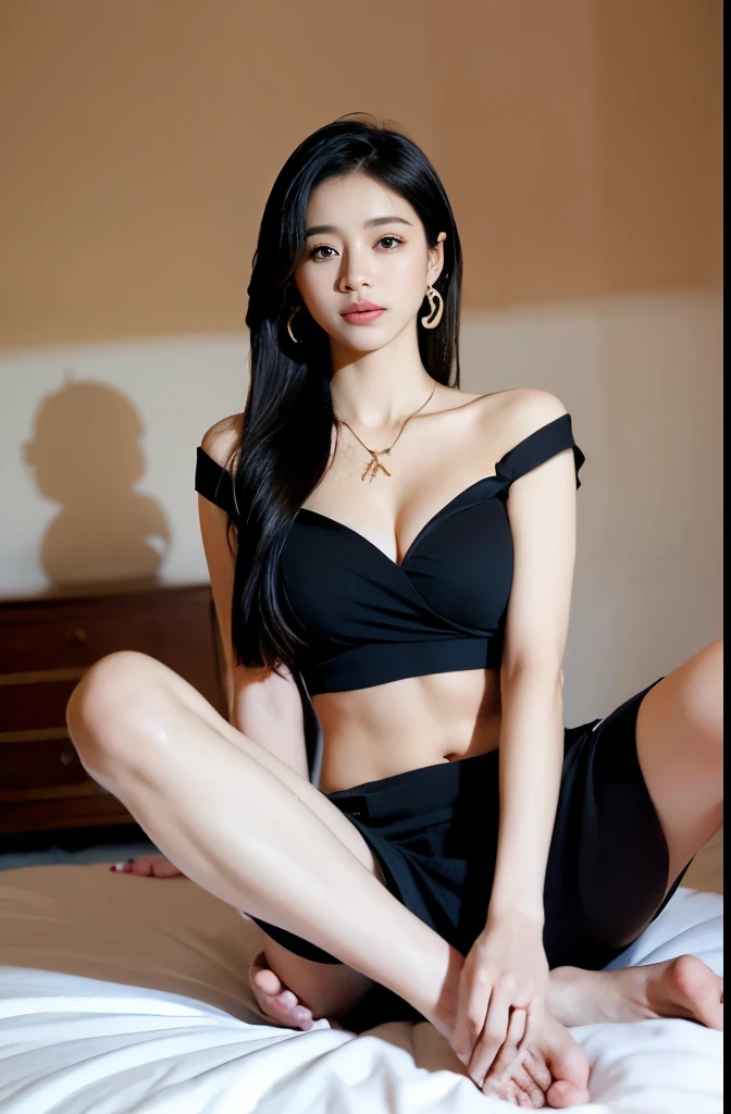 (masterpiece:1.3), (8 thousand, realistic, RAW photos, best quality: 1.4), (1 woman),(sheer silk blouse), (short skirt), (양쪽 다리에 짙은색 realistic 스타킹 신고), (Wear high heels on both feet), (Leaning on the bed), ( Raise your knees and spread your legs), (Put both hands on your head), (very sexy), (Beautiful cat between spread legs), (full body shot), (Beautiful makeover), (Realistic and truly beautiful face), (really beautiful body) , (long eyelashes), (double eyelid),  (big bust) , (Strong body through exercise), (beautiful abs), (Beautiful heaps), (tall), (black hair. parted, long hair:1.3), (아름다운 parted스타일), (realistic 이고 정말 아름답고 섬세한 눈), (realistic and beautiful skin), (nudity), (absurd), (attractive), (ultra high resolution),  (golden ratio), (Two realistic and beautiful long legs), (realistic 팔), (necklace), (earring),(beautiful nails manicure), (So beautiful and sexy)