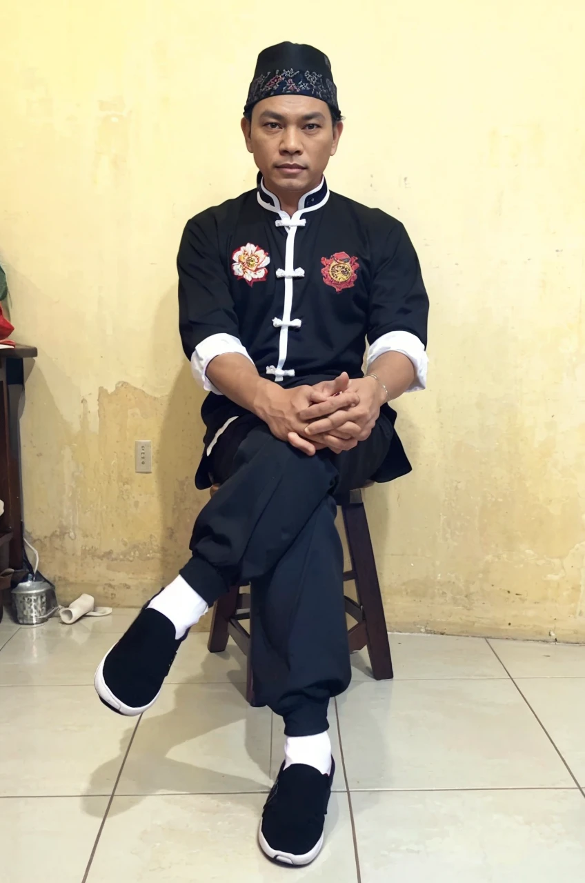 Realistic 5D caricature image of a full body Indonesian man sitting on a chair with a red curtain background. He is wearing traditional Chinese clothing, long-sleeved black cheongsam (sleeves rolled up to the elbows), shirt edges with white stripes on the edges and sleeves, shirt collar edges with stripes white. He wore a black skullcap. His hands were folded in his lap. He wore plain black joggers, white socks, and black traditional Chinese slip-on shoes (Wing Chun shoes) that matched his outfit. The man wore a calm and serious expression. The chair he sat on was red, possibly made of cloth or foam, with red armrests. He sat with his legs crossed, left leg over right. The backdrop features bright red curtains that stretch from top to floor. The floor visible below has a tile pattern, perhaps ceramic or tile, with some visible stains or dirt. Detailed HD quality cinematic 5D rendering.