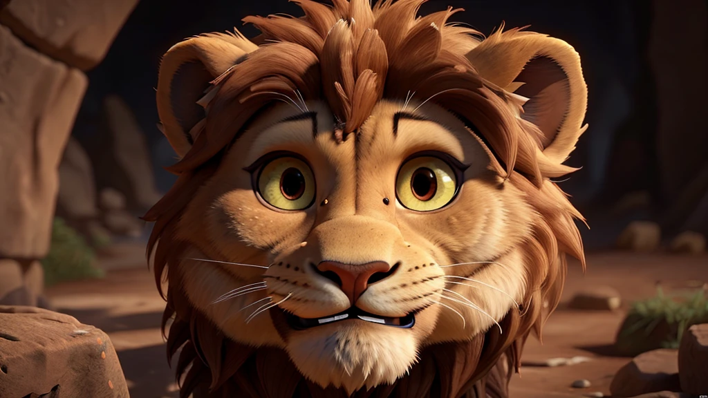 a worried lion, a lion trapped in a pit, detailed realistic animal portrait, detailed fur texture, detailed facial features, detailed eyes, detailed nose, detailed mouth, detailed expression, dramatic lighting, moody atmosphere, cinematic composition, digital art, photorealistic, highly detailed, 8k, best quality, masterpiece