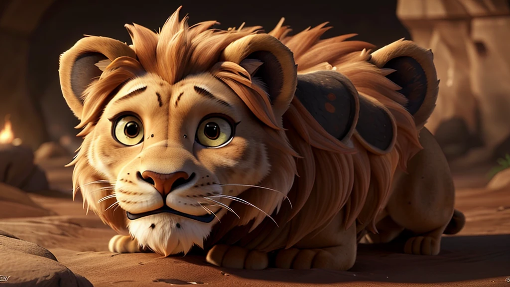 a worried lion, a lion trapped in a pit, detailed realistic animal portrait, detailed fur texture, detailed facial features, detailed eyes, detailed nose, detailed mouth, detailed expression, dramatic lighting, moody atmosphere, cinematic composition, digital art, photorealistic, highly detailed, 8k, best quality, masterpiece
