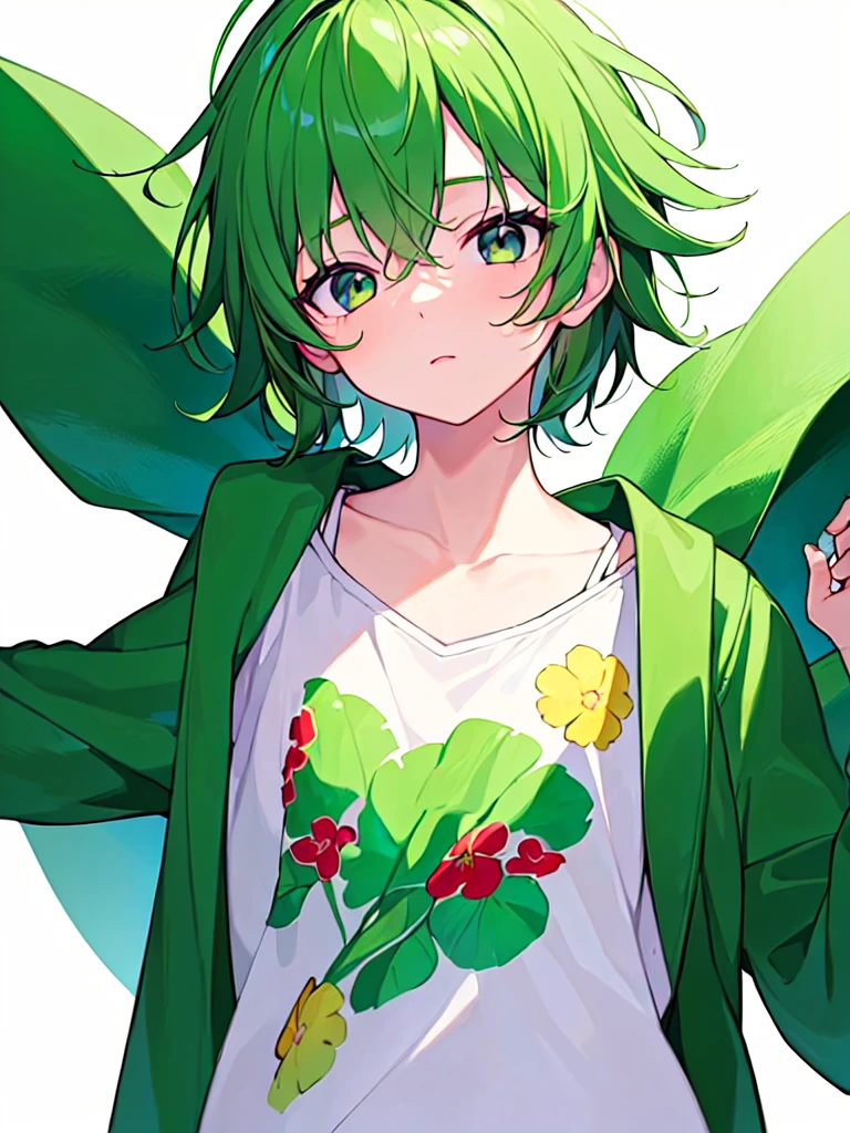 [(WHITE BACKGROUND:1.5),::5], ((((masterpiece)))), high quality, very_high_resolution, large_filesize, full color, solo, (((little boy))), 13 old year, short Green hair, vivid color, Black eye, Summer clothes, anime, ((upper body))