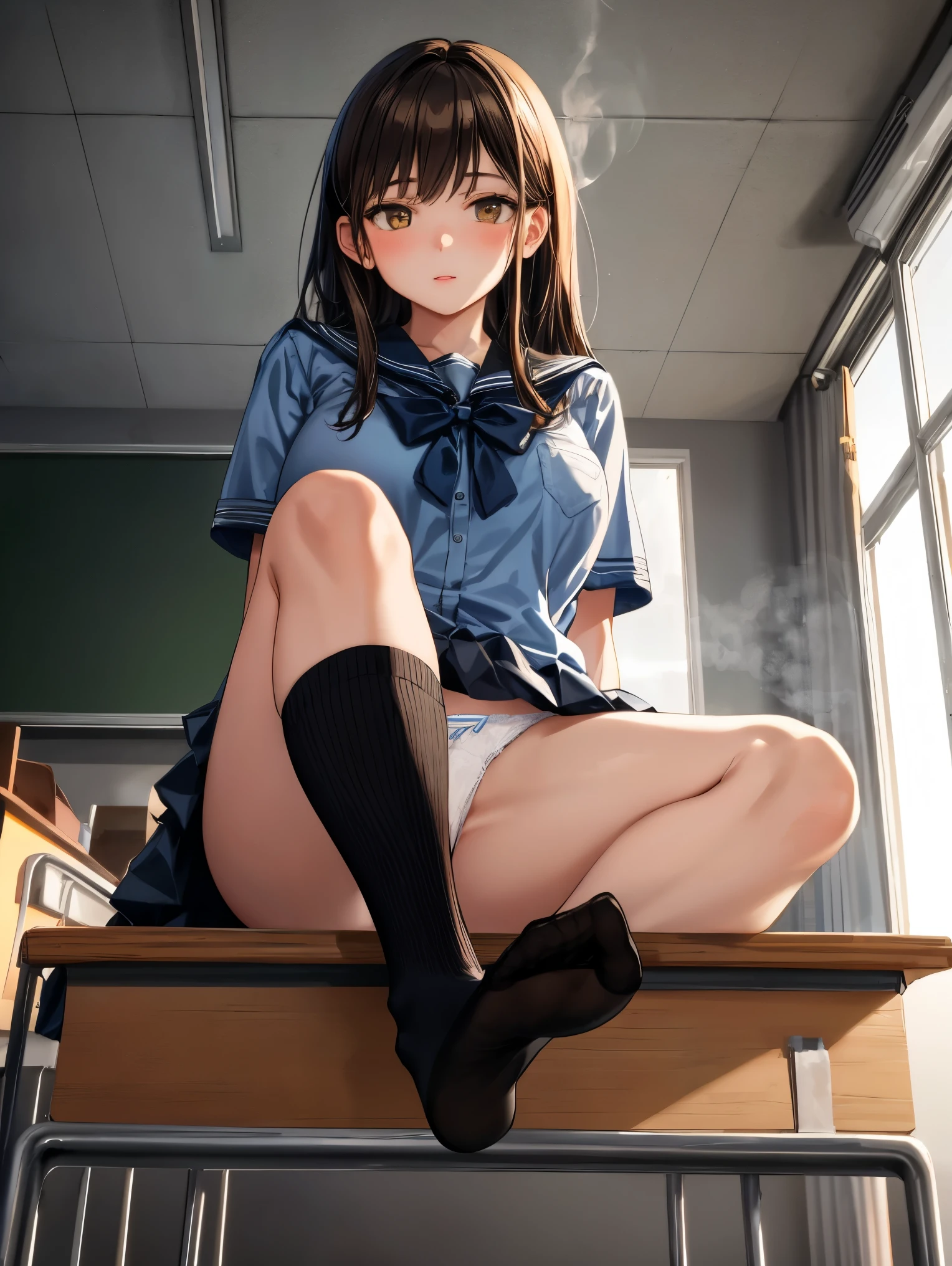 ((masterpiece)), ((highest quality)), (Super detailed), ((very detailed)), 4k, (8K), highest quality, (beautiful), super detailed illustrations, realistic, 1 girl, alone, an extremely cute and beautiful young girl, big breasts,from below,seat,spread your legs,Medium straight,brown hair,brown eyes,high school girl uniform,white panties,(panty shot),classroom、black socks、Point your feet toward the photographer、Steam is rising from the soles of my feet