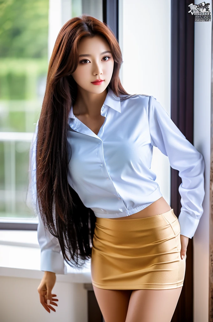 the most beautiful actress in the world, she is 18 years old, the perfect body proportions of this girl, tight blazer is firmly closed on formal shirt which is worn on her upper body, it's difficult for short skirt to cover panties between her bare legs because it is too short, her bare thighs, her body is facing front, standing, window, clear sky, nsfw, best quality, highly detailed, masterpiece, ultra high res, photo realistic, 8k
