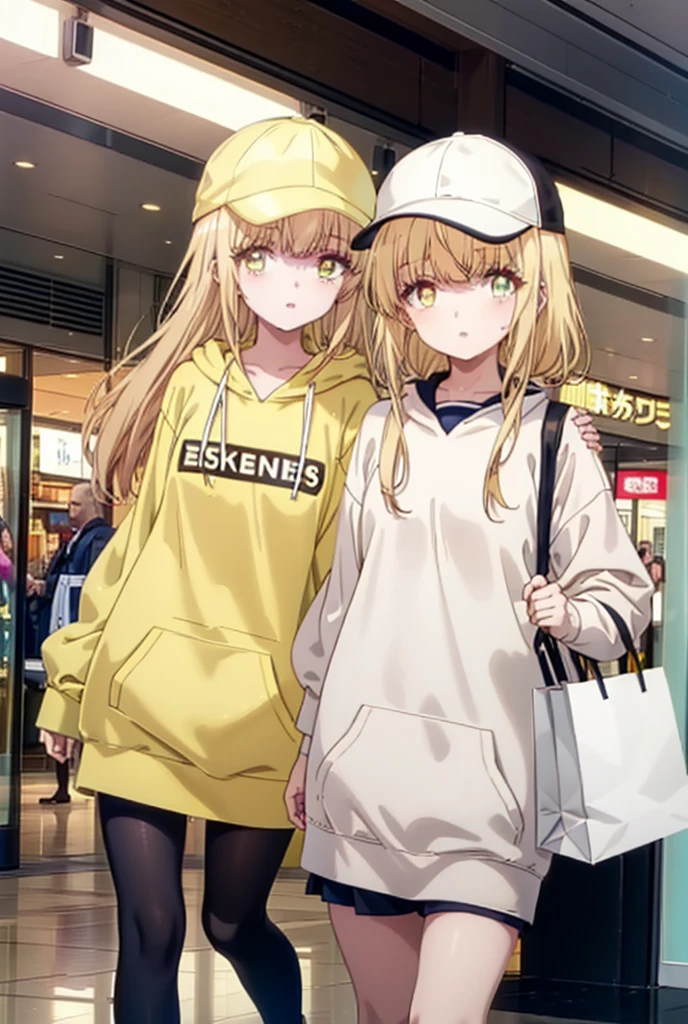 mahirushiina, Mahiru Shiina, bangs, Blonde, Brown Hair, (Yellow Eyes:1.3), smile,Open your mouth,Baseball cap,Oversized yellow hoodie,Short sleeve,mini skirt,black tights,short boots,Walking,Clear skies,Daytime,
break indoors,Shopping mall,
break looking at viewer, whole body,
break (masterpiece:1.2), Highest quality, High resolution, unity 8k wallpaper, (shape:0.8), (Fine and beautiful eyes:1.6), Highly detailed face, Perfect lighting, Highly detailed CG, (Perfect hands, Perfect Anatomy),