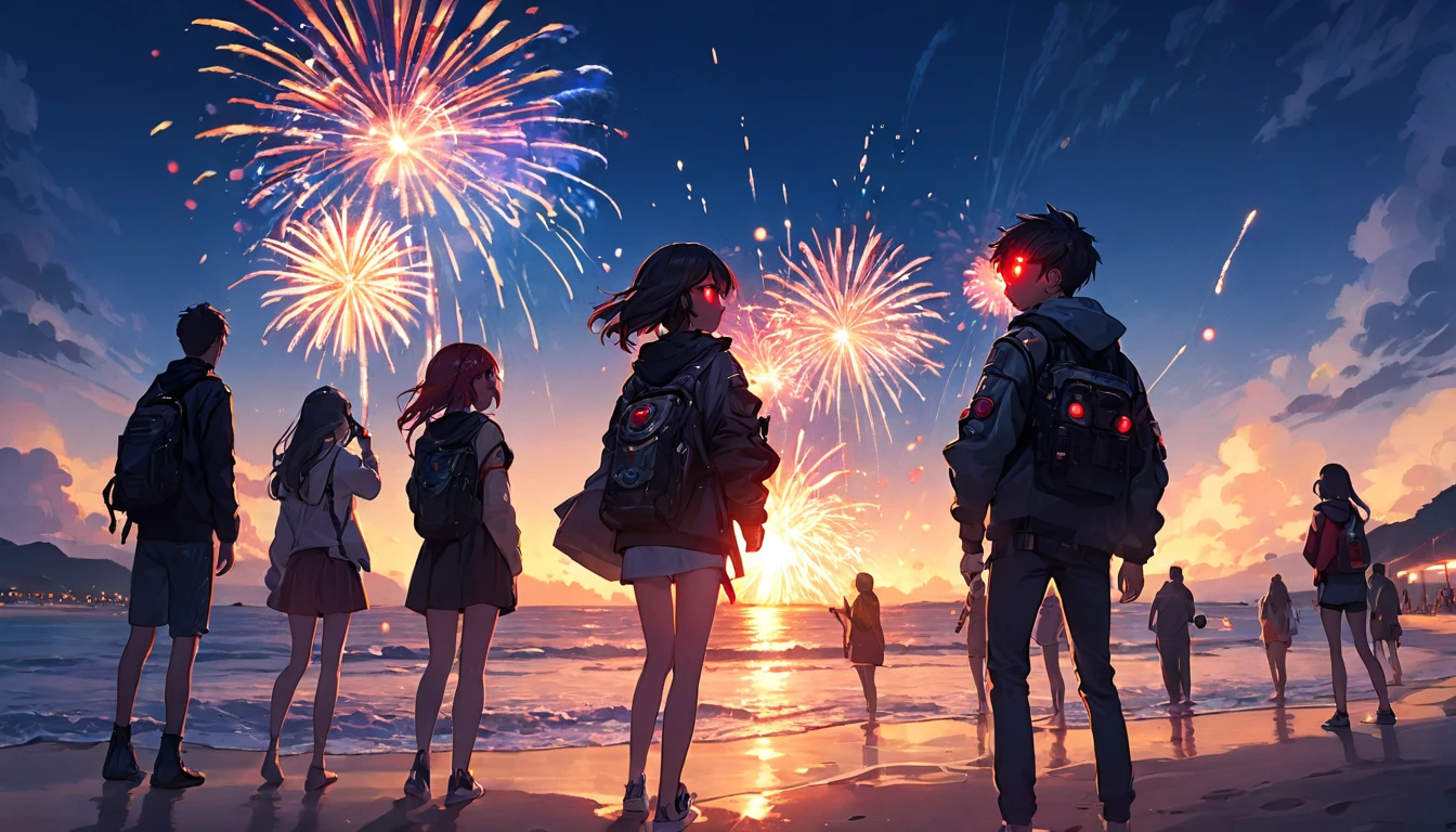Men and women shooting fireworks downwards, teenagers, cyberpunk, red eyes, glowing eyes, beach,