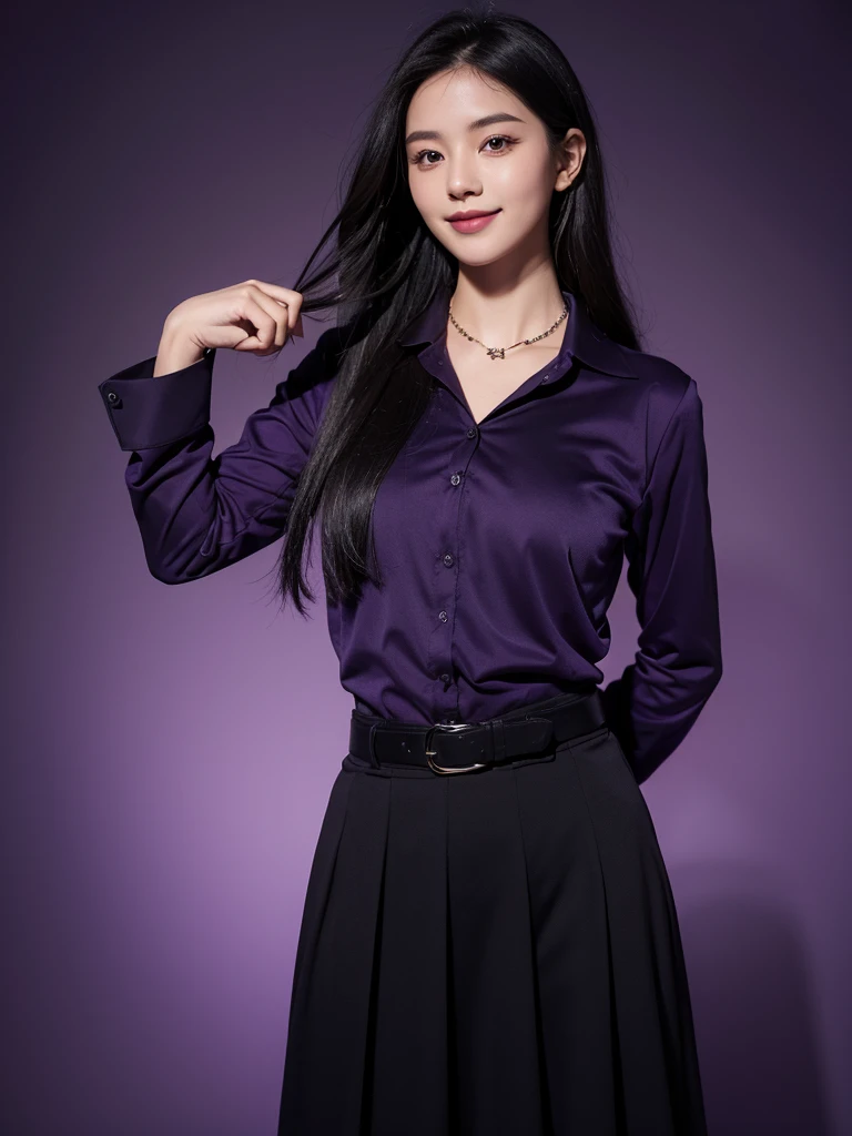 1 girl,((beautifull)),((realism)),black long hair,dark purple shirt with collars, long sleeve, black skirt, tie, belt, standing, smile,neckless, purple background
