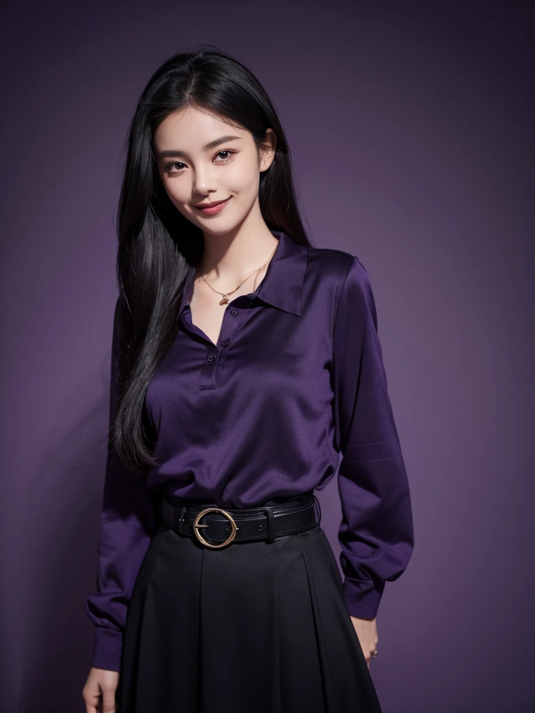 1 girl,((beautifull)),((realism)),black long hair,dark purple shirt with collars, long sleeve, black skirt, tie, belt, standing, smile,neckless, purple background