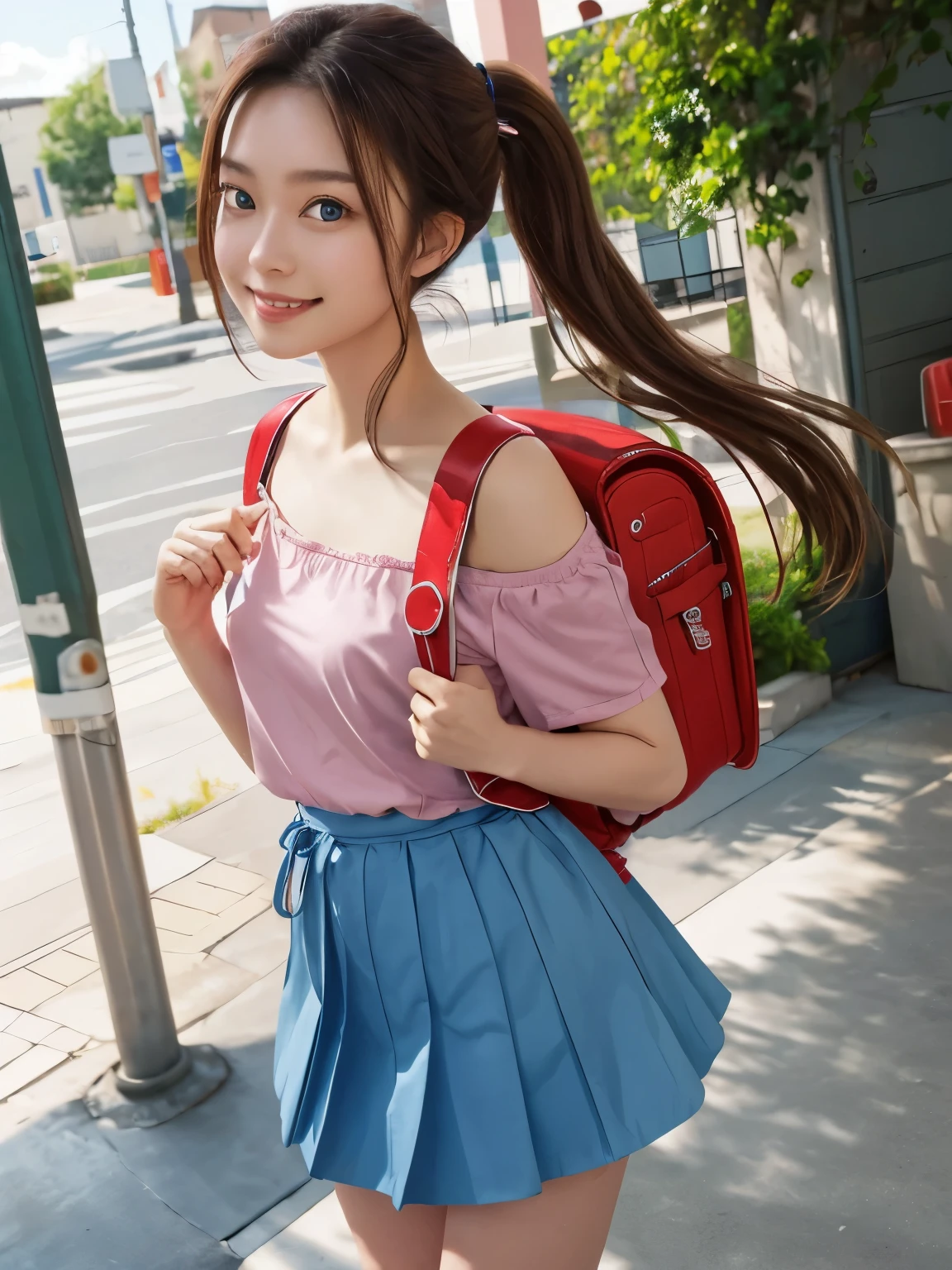 masterpiece, realistic,17 y o, high school girl, best quality, highres, 1girl, long hair, one side up, solo, ponytail,brown hair, blue eyes, bare shoulders, pink shirt, short sleeves, off-shoulder shirt, frills, blue skirt, cowboy shot, smile,standing, fullbody, wear high heels, wearing school backpack, (backpack:1.1), outdoor, day