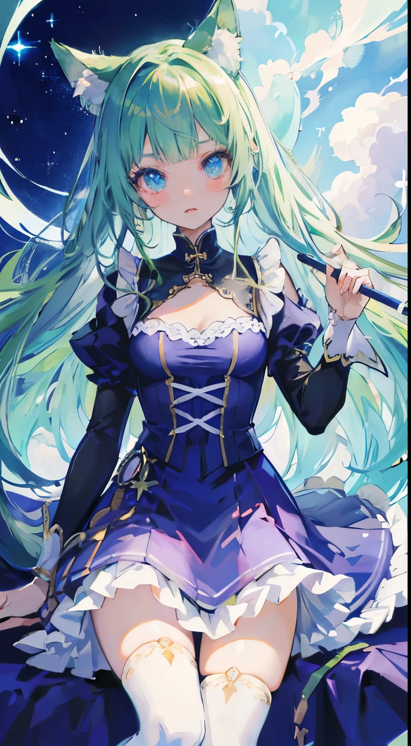 ((Tabletop, Highest quality: 1.1), ((Anime girl in a blue dress holding a magic wand)), Art Nouveau、Anime Cat girl wearing a maid costume, , ((Green hairs))、Long-haired person、((Eyes that shine like jewels, Long eyelashes, Transparency))、Very Beautiful Anime Cat girl, アニメCat girl, ((White knee-high socks)), 魅力的なCat girl, I'At the candy store,Inspired by Leiko Ikemura, Takano Aya color style, in ryuuou no oshigoto art style, Cat girl, Someone you admire, rei hiroe、smile