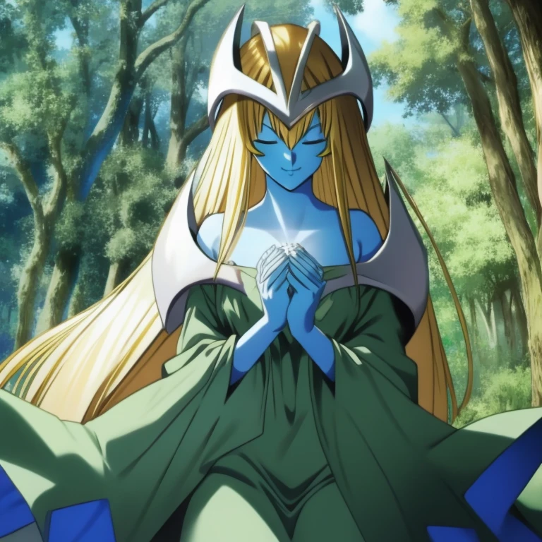 mysticalygo, mystical elf, smile, eyes closed, green dress, long skirt, blue skin, blonde hair, long hair, forest, Yugioh, overly long sleeves, no hands