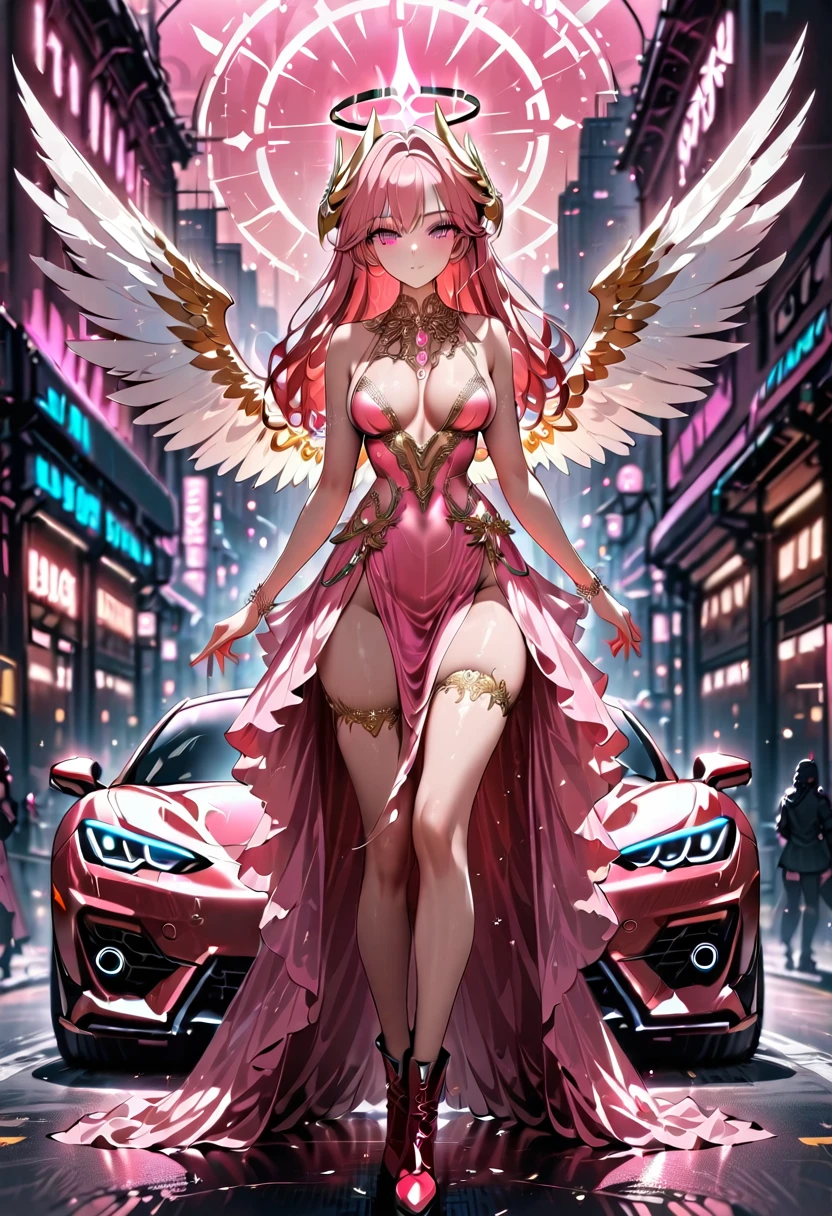 Arafed a picture of a mech cyberpunk female angel standing in at the street at night near her sports car, night, an  exquisite beautiful cyberpunk female angel  wearing dark dress, wearing ((intricate glamour pink evening dress: 1.3)), (white angelic wings: 1.2), spread angelic wings, halo over the head, small cleavage, wearing intricate diamond necklace,  wearing thigh high heeled boots,   dynamic eye color, dynamic hair color, dynamic hair style,  standing near her (sports car: 1.3), cyberpunk street t background, full body shot, (Masterpiece: 1.5), Vibrant, Ultra-high resolution, High Contrast, masterpiece:1.2, highest quality, Best aesthetics), best details, best quality, highres, ultra wide angle, 16k, [ultra detailed], masterpiece, best quality, (extremely detailed), Mechanical Creatures