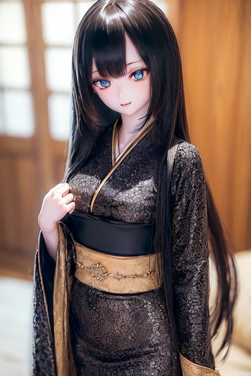 (SFW:2), photorealistic, realistic photo, ((highest quality)), ((masterpiece)), ((extremely detailed)), kukolnydom, doll, (mature woman, 21yo, 21 years old:1.6), solo, ((cowboy shot, standing, skinny, slender, slim, kimono, obi, hair ornament)), green eyes, parted lips, (black hair, long hair, looking at another, blank eyes, empty eyes, detailed eyes, detailed face, detailed clothes:1.3), Japanese room, 8k
