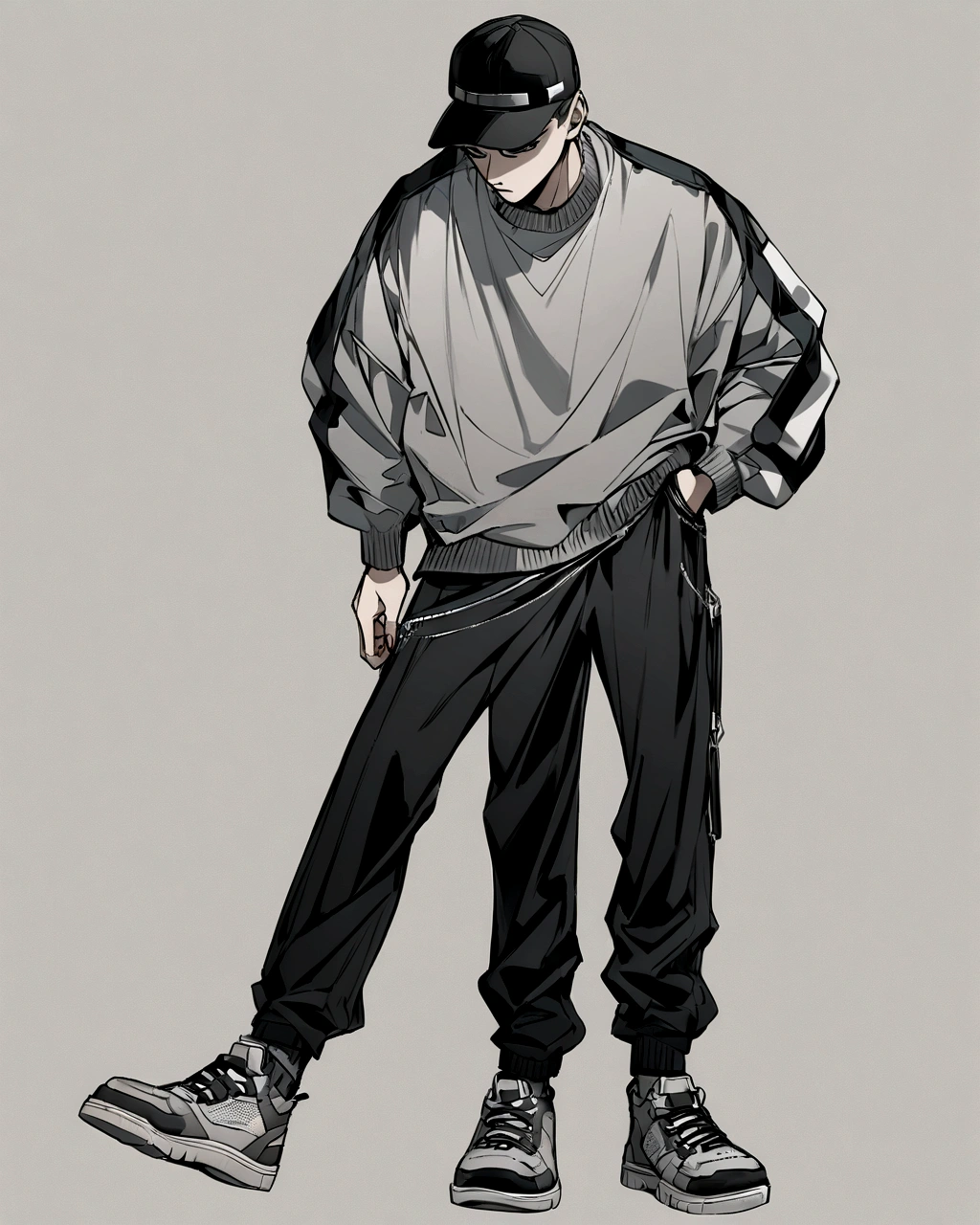 Create an anime-style illustration of a boy's character with a solid grey color background. The boy should be wearing a hip-hop style cap, grey sneakers, and a grey sweater paired with black pants. . The overall look should convey a trendy and sporty vibe."