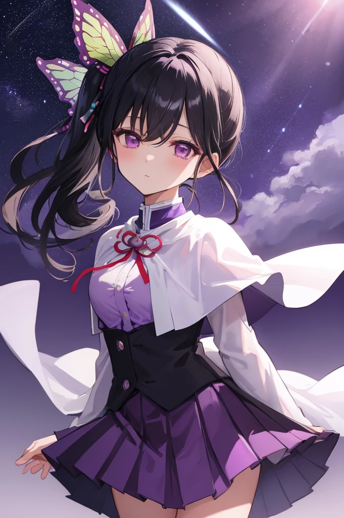 (masterpiece:1.3), (best quality:1.1), (8k, ultra detailed, ultra high res:1.2), ((anime style)), perfect 5 fingers, perfect anatomy, (arms behind back:1.2),
1girl,
Kanao Tsuyuri,
BREAK long hair, side ponytail,
black hair,
purple eyes, (empty eyes:1.4),
butterfly hair ornament,
(medium breasts:0.9),
BREAK (purple shirt, pleated purple skirt, long sleeve, white cape with ribbon:1.2), looking at viewer,
cowboy shot,
perfect light,
waving, outdoors, sea, field, night, night sky, starry sky,