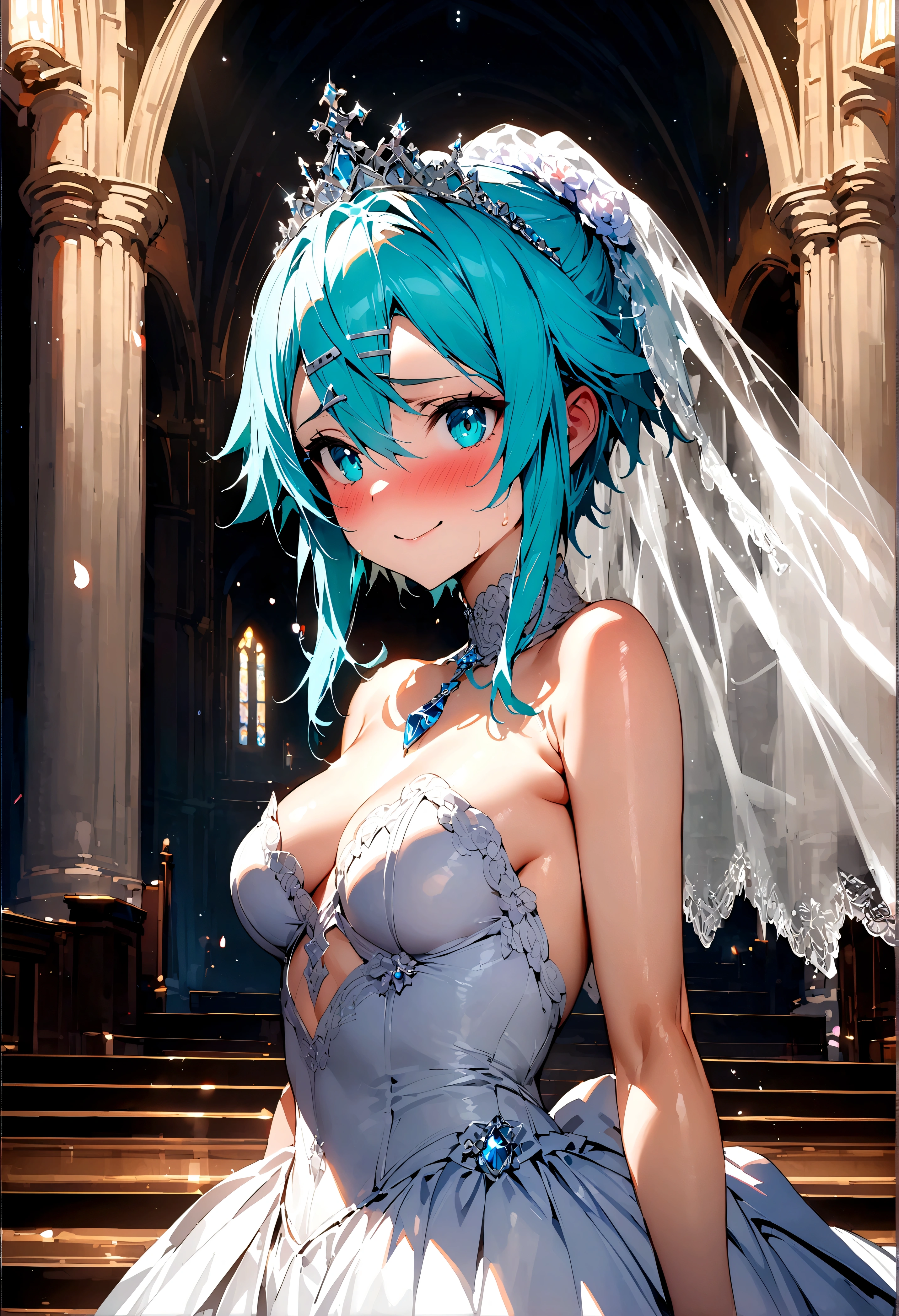NSFW,masterpiece,Highest quality,High resolution,Super detailed,Sinon\(Sword Art Online\),(High quality sexy wedding dress),Wedding Veil,tiara,gem, hair ornaments, Hair Clip,wedding ring,Embarrassed,Watery eye,smile,blush,Church at night in the moonlight,Luxurious Room,wedding
