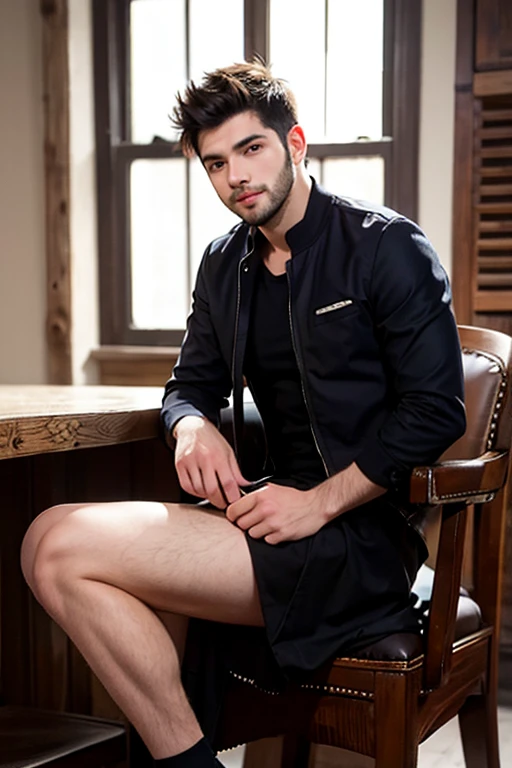 Best Quality, Full Body Portrait, Cinematic Texture Shot, Exquisite Face, Beautiful Face, 20 Year Old , bearded young man, Smiling, Slim Figure, Small Bust, dress, Black Stockings, Interior Scene, Seated, wide hips, thin and narrow weist, big large feminine breasts, large male reproductive organs, very small spikey boyish haircut, long legs, thick thighs, hot male,hot male, 