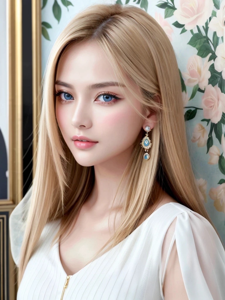 ((highest quality)), ((masterpiece)), (detailed), Single-lens reflex camera、Reality、whole body、wallpaper、Attention to detail、Attention to detail、Serious look、Well-proportioned face、Ultra-high resolution、Ultra HD、Perfect proportions、Tight waist、Blonde Hair、Blue Eyes、Beautiful Hair、Beautiful Skin、Beautiful white skin、Glossy pink lips、Russian Beauty,(masterpiece:1.3), Best image quality: 1.3, Rough hairstyles、Adult sex appeal,Actively moving、Stylish clothes、Beautiful accessories,career woman,beauty secretary