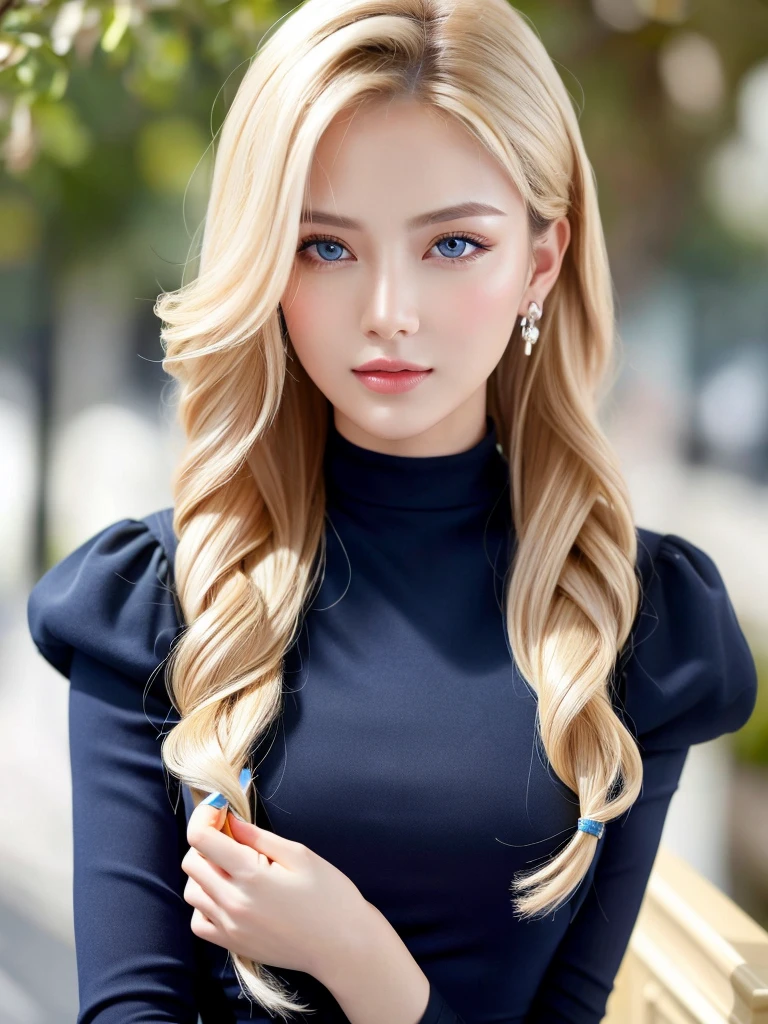 ((highest quality)), ((masterpiece)), (detailed), Single-lens reflex camera、Reality、whole body、wallpaper、Attention to detail、Attention to detail、Serious look、Well-proportioned face、Ultra-high resolution、Ultra HD、Perfect proportions、Tight waist、Blonde Hair、Blue Eyes、Beautiful Hair、Beautiful Skin、Beautiful white skin、Glossy pink lips、Russian Beauty,(masterpiece:1.3), Best image quality: 1.3, Rough hairstyles、Adult sex appeal,Actively moving、Stylish clothes、Beautiful accessories,career woman,beauty secretary
