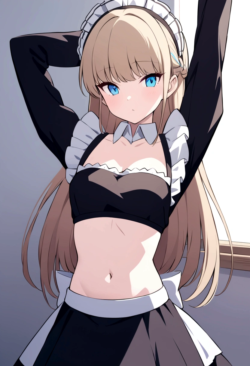 Toki/maid,long sleeve, long hair,maid skirt,two arm above head, stretching, navel showing, midriff, stomachz(perfect anatomy perfect hand)