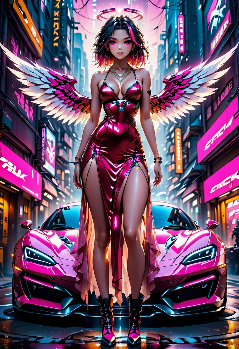 Arafed a picture of a mech cyberpunk female angel standing in at the street at night near her sports car, night, an  exquisite beautiful cyberpunk female angel  wearing dark dress, wearing ((intricate glamour pink evening dress: 1.3)), (white angelic wings: 1.2), spread angelic wings, halo over the head, small cleavage, wearing intricate diamond necklace,  wearing elegant high heeled boots,   dynamic eye color, dynamic hair color, dynamic hair style,  standing near her (sports car: 1.3), cyberpunk street t background, full body shot, (Masterpiece: 1.5), Vibrant, Ultra-high resolution, High Contrast, masterpiece:1.2, highest quality, Best aesthetics), best details, best quality, highres, ultra wide angle, 16k, [ultra detailed], masterpiece, best quality, (extremely detailed), Mechanical Creatures