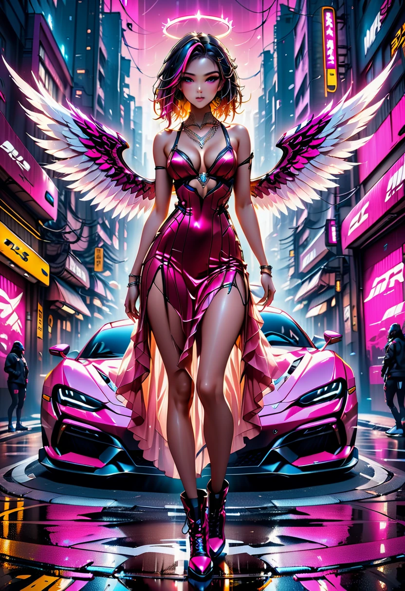 Arafed a picture of a mech cyberpunk female angel standing in at the street at night near her sports car, night, an  exquisite beautiful cyberpunk female angel  wearing dark dress, wearing ((intricate glamour pink evening dress: 1.3)), (white angelic wings: 1.2), spread angelic wings, halo over the head, small cleavage, wearing intricate diamond necklace,  wearing elegant high heeled boots,   dynamic eye color, dynamic hair color, dynamic hair style,  standing near her (sports car: 1.3), cyberpunk street t background, full body shot, (Masterpiece: 1.5), Vibrant, Ultra-high resolution, High Contrast, masterpiece:1.2, highest quality, Best aesthetics), best details, best quality, highres, ultra wide angle, 16k, [ultra detailed], masterpiece, best quality, (extremely detailed), Mechanical Creatures