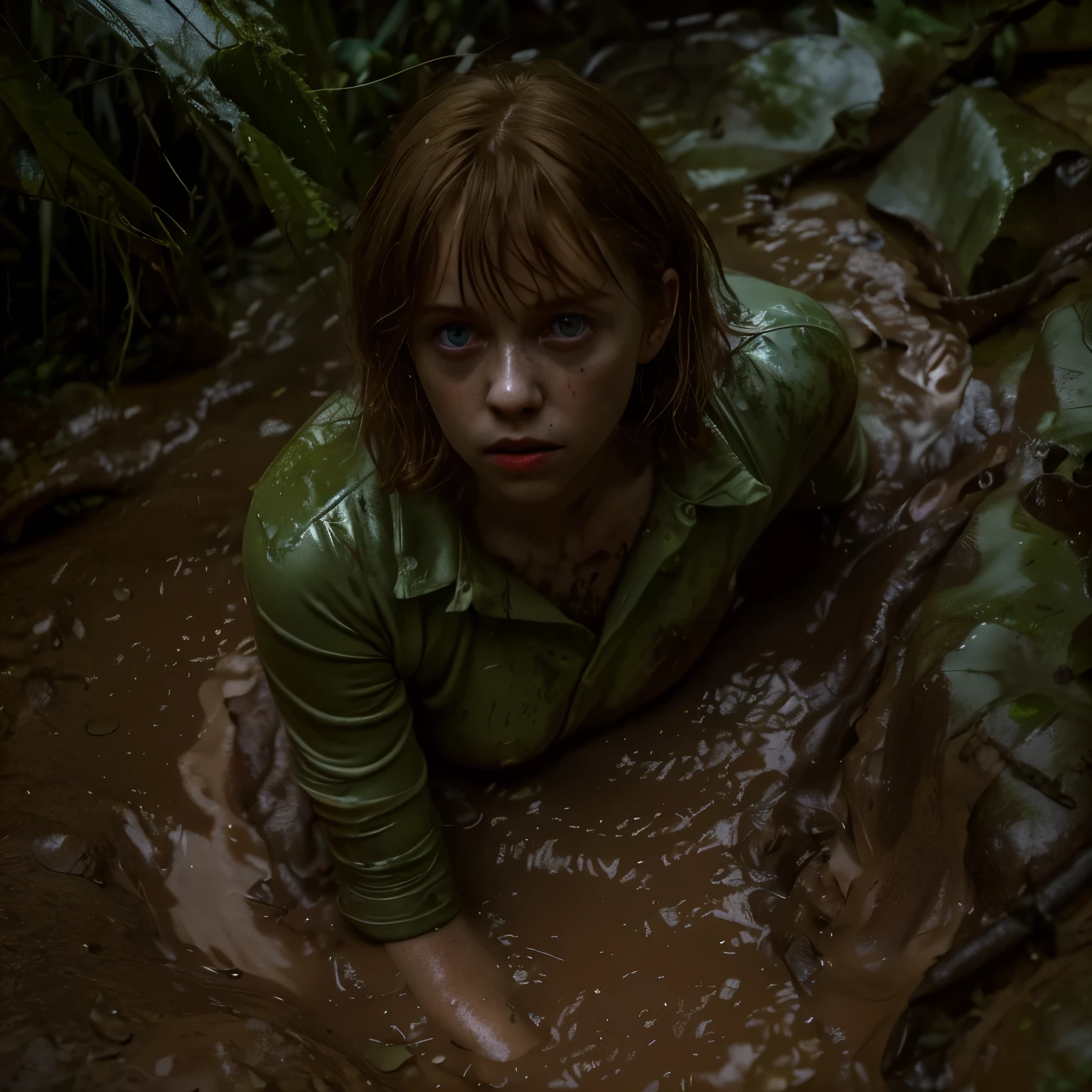 hot cleverage Terrified Sophia Lillis in water in torn up ruined clothes showing torso in background of fantastic jungle and muddy ground, clear white skin, wet and muddy, scratches everywhere, face dirty photography, natural light, photorealism, cinematic rendering, ray tracing, the highest quality, the highest detail, Cinematic, Third-Person View, Blur Effect, Long Exposure, 8K, Ultra-HD, Natural Lighting, Moody Lighting, Cinematic Lighting