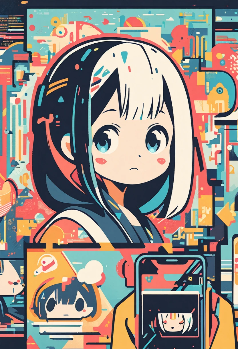 wallpaper of smartphone, 1girl, flat Design, vector illustrations, graphic illustration, detailed 2d illustration, flat illustration, digital illustration, digital artwork, zoom,