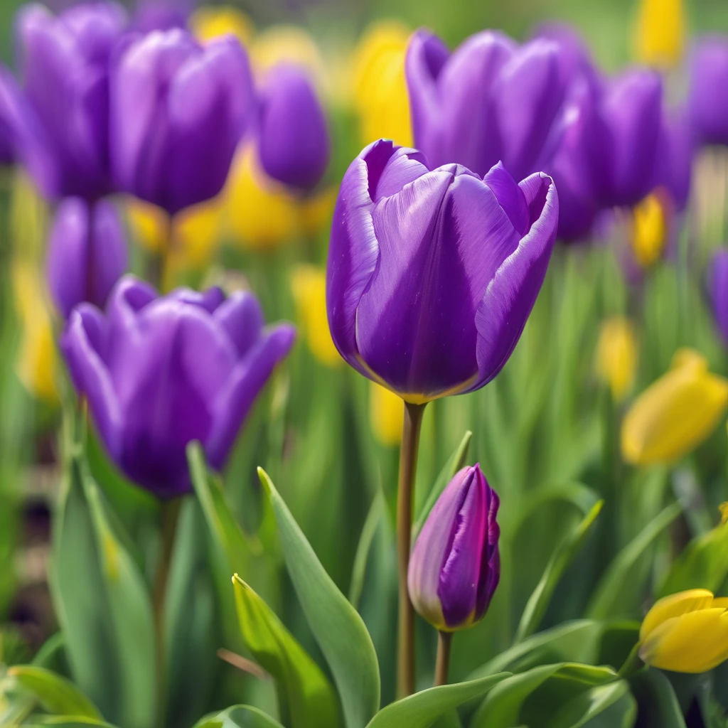 Beautiful young tulip of yellow colour, embracing a young violet of purple colour, on the background of a green bush, high detailing