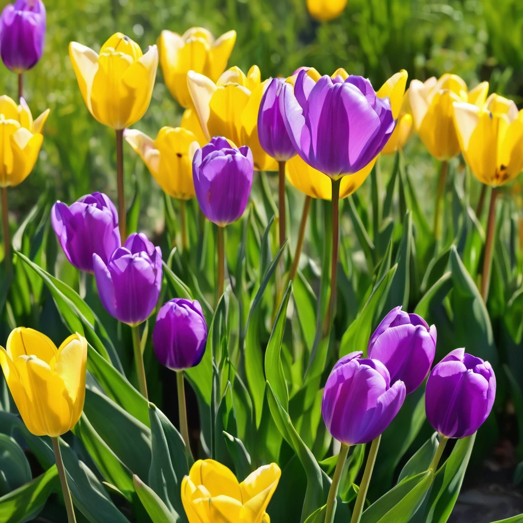 Beautiful young tulip of yellow colour, embracing a young violet of purple colour, on the background of a green bush, high detailing